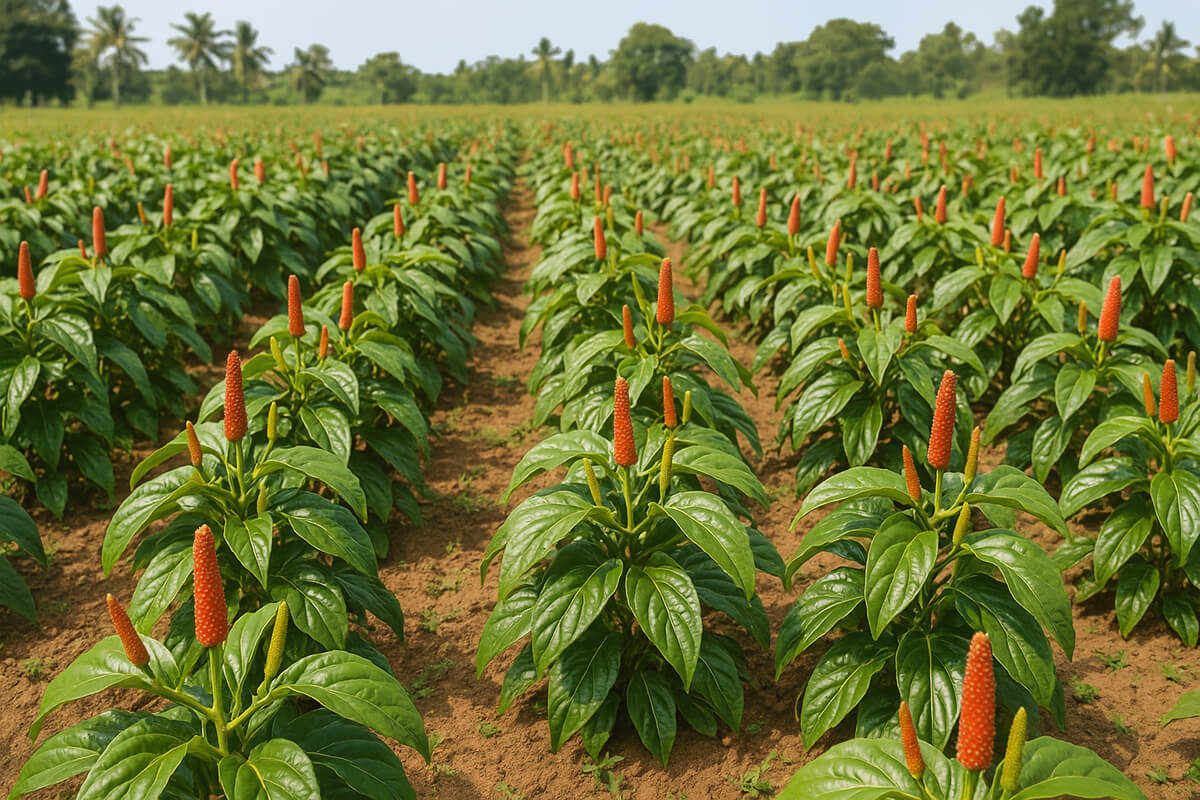 a field of long peppers, a special-order ingredient for custom blend spices