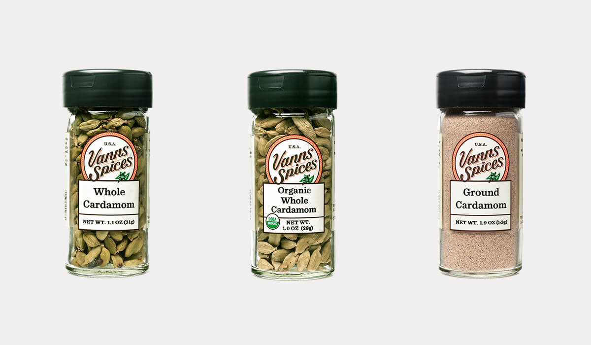 Organic whole cardamom, whole cardamom, and ground cardamom from Vanns Spices